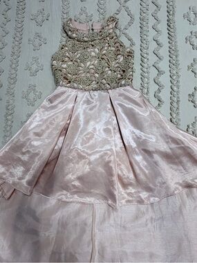 Speechless Blush Pink Satin Dress with Gold Lace Bodice